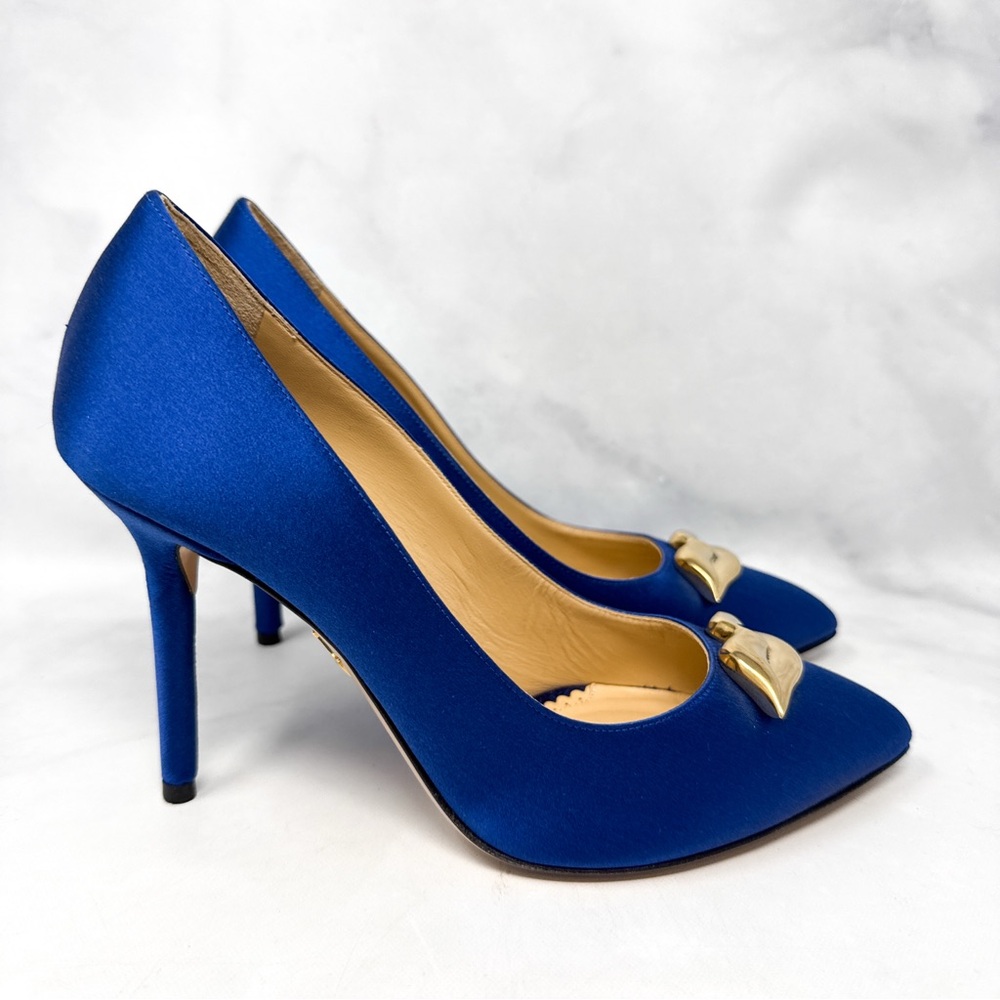 Charlotte Olympia Lippy Eva Metal Lips Silk Satin Pointed Toe Stiletto Heel Pump - Picture 3 of 13